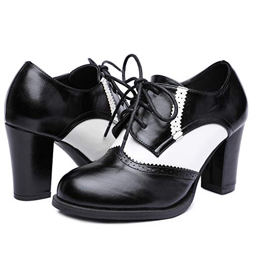 Odema Botas de cano curto femininas de salto alto Oxford com cadarço e ponta de asa, Black/White, 8.