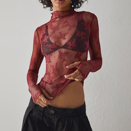 Sheer Mesh Long Sleeve Layering Top for Women Mock Neck Floral Lace Tshirt See Through Tee Shirt Blouse(Flower Wine Red,Large by Passec - Used condition - Image 2