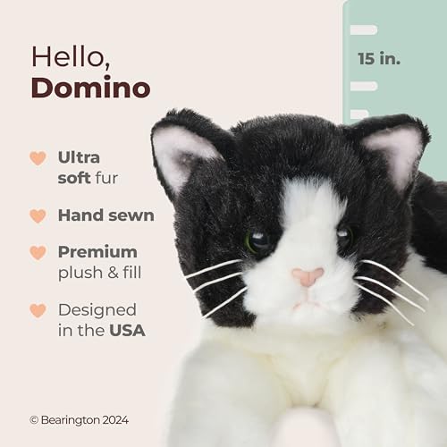 Image of Bearington Domino Cat Stuffed Animals - 15 inch Realistic Tuxedo Cat Plush - Black and White Kitty Plushies with Soft Fur and Lifelike Details - Adorable Cuddly Gift for Kids and Adults