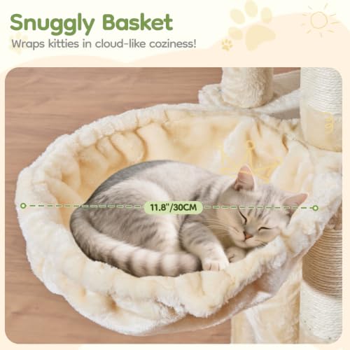 Image of Taoqimiao Sturdy Cat Tree, Cat Tower for Indoor Cats, Extra-Large Platform | 58.7Inch, Widened Cat Condo with Large Scratch Board, Top Perch, 6 Scratching Posts, Soft Basket, Cat Toys, Beige MS045M