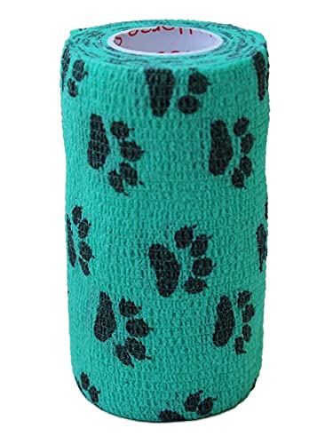 Image of Prairie Horse Supply 4 Inch Vet Wrap Tape Bulk (3 Solid Colors and Black Paw Prints on Teal, Neon Green, Neon Pink) (Pack of 6) Self Adhesive Adherent Adhering Flex Bandage Grip Roll for Dog Cat Pet
