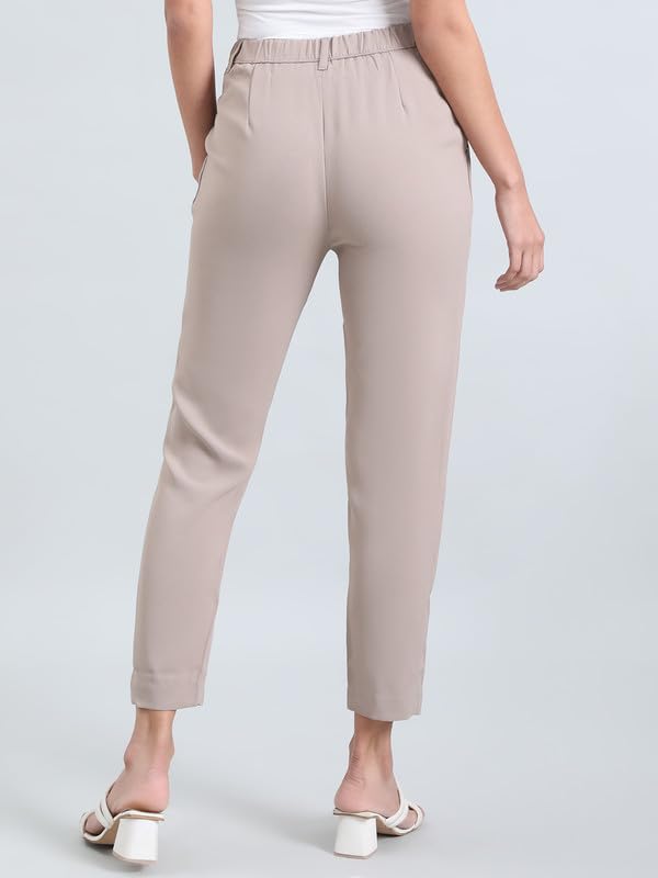 Image of GO COLORS Solid Formal Crepe Pants for Women | Mid Rise, Side Pocket