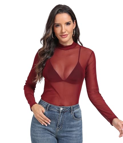 Womens Mesh Top See Through Shirt Long Sleeve Sheer Blouse Clubwear Burgundy Red