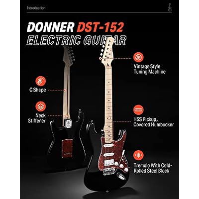 Donner, DST-152B 39 Electric Guitar Kit HSS Pickup Coil Split with Amp, Bag, Accessories, Black Solid Body Guitarra Electrica