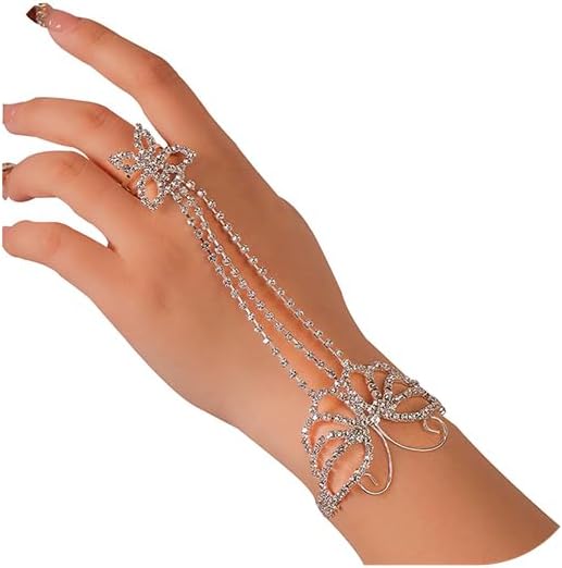 Rhinestone Bracelet Ring Sexy Butterfly Finger Chains Crystal Layered Adjustable Hand Chain Body Accessory Jewelry for Women