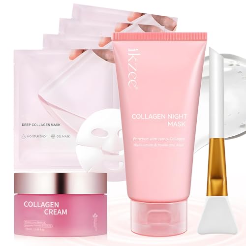 Cuidado Facial Mujer, Colageno Skincare Kit incluir Mascarilla Facial Colageno, Collagen Jelly Cream, Collagen Night Mask, Reafirmante y Lifting, Hidratación Intensa, Mejora la Elasticidad (6 Piezas)