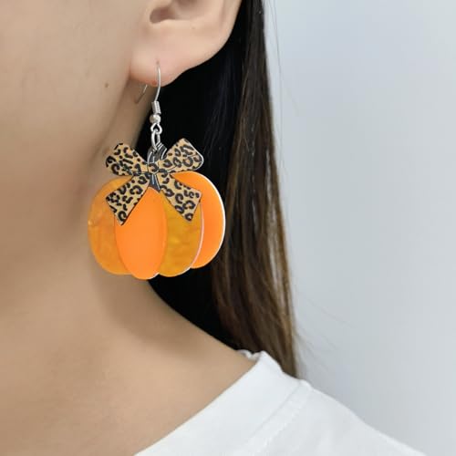 Fall Pumpkin Leopard Print Bow Dangle Drop Statement Earrings for Women Acrylic Bowknot Ribbon Autumn Thanksgiving Hook Hoop Earring Cute Jewelry Gifts Halloween Festival3