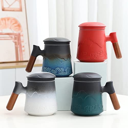 Maxjoy Tea Cup With Infuser And Lid,Rosewood Handle Ceramic Loose Leaf Tea Mugs,15.2 Ounce Classic Gradient Embossed Tea Steeping Mug For High-End Gifts,Red #TOP6