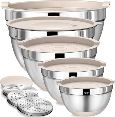 Image of Stainless Steel Mixing Bowls with Lids Set, 3 Grater Attachments, Airtight Lids, Non-Slip Silicone Base Mixing Bowl Set, Large Prep Metal Mixing Bowls for Kitchen, Khaki