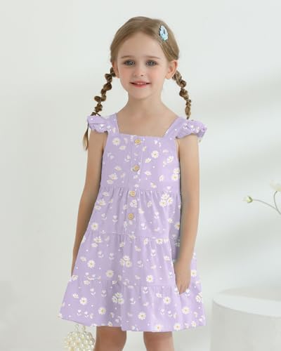 DeeFant Toddler Girl Dress Ruffle Sleeveless Little Girls Summer Outfits Kids Dresses Floral Sundress Beach Casual Purple 5-6T
