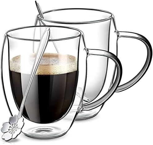 triaqua Double Wall Glass Coffee Mugs with Spoons, Set of 2, 12oz, Clear, Double Wall Espresso Cups, Cappuccino Cups, Insulated Borosilicate Glassware Tea Glasses, Perfect for Cold or Hot Drinks