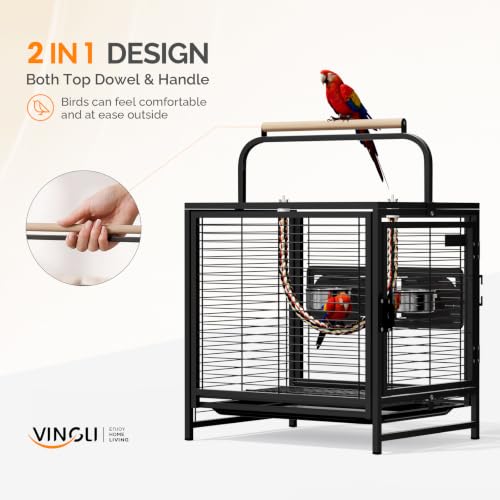 Image of VINGLI Small Bird Cage, 19 inch Travel Carrier Bird Cage with Handle, Wrought Iron Parakeet Cage with Wooden Perch for Parrot Lovebirds Finches Small /Medium Birds (Matte Black)