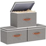 YheenLf Storage Baskets with Lids and Double Handles, Linen Foldable Storage Bins, 17.7 x 11.8 x 11.8 Inch Closet Organizer Boxes for Laundry Bedroom, Grey, 3-Pack