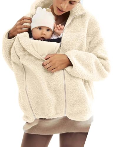 YEMORCH Womens Fleece Zip Up 2 in 1 Baby Wearing Jacket Maternity Winter Coat Thicken Kangaroo Sweatshirt(Cream,M)