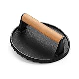 happykau ミートプレス ベーコンプレス 丸型 肉押さえ 鋳物 ブラック 波型 木製ハンドル付き グリルプレス 肉プレス 食肉プレス 直径約17.5cm