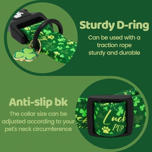 Image of St Patrick's Green Letter Trefoil Dog Collar for Small Dogs | Daily Walks,Irish Parade,Spring Picnic Hiking,Adjustable,Cotton Fabric,Quick Release Plastic Buckle,Pendant,Female /Male Dog
