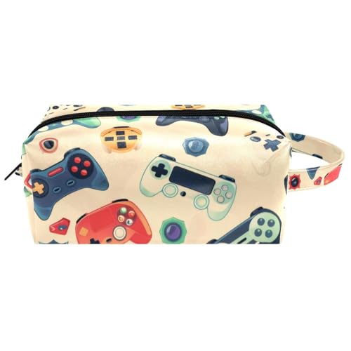 Neceser de viaje para mujer, bolsa de cosméticos de piel de microfibra para maquillaje, organizador práctico con cremallera, consola de juegos y joysticks, multicolor, 8.2x3.1x3.5 in/21x8x9 cm,