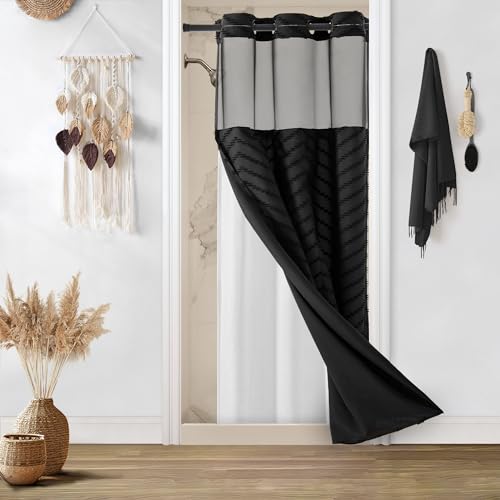 No Hooks Stall Fabric Shower Curtain with Snap in Liner- Water Repellent Tufted Chevron Striped Shower Curtains for Bath Tubs, Narrow Hotel Quality Bath Curtain Set, 36Wx74H, Black No Hooks Stall Fabric Shower Curtain with Snap in Liner- Water Repellent Tufted Chevron Striped Shower Curtains for Bath Tubs, Narrow Hotel Quality Bath Curtain Set, 36Wx74H, Black