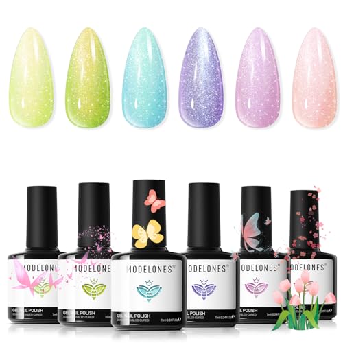 Image of modelones Spring Gel Nail Polish Set, 6 Colors Pastel Glitter Pink Green Blue Purple Gel Polish Chameleon Sparkle Shimmer Shades Soak Off Nail Art DIY Manicure At Home for Women Girl