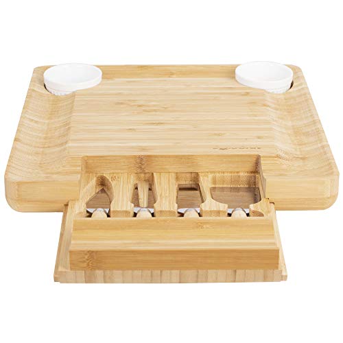 DRAGONN Natural Bamboo Cheese Board and Charcuterie Platter with Two Ramekans for Dips and Hidden Drawer for Cutlery Set, DN-KW-BB02