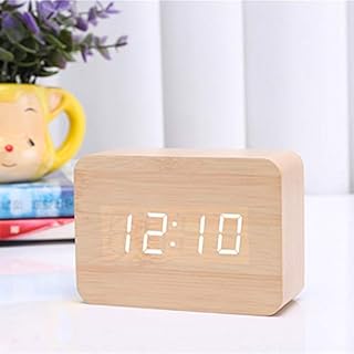 Queta LED Digital Alarm Clock Wooden Small Table Clock with Date Temperature Display, 3 Adjustable Brightness, Voice Control, 2 Modes Display (wood)