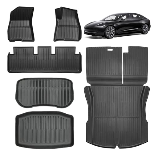 Car Floor Mats Custom Fit for Tesla Model 3 2024-2025 All Weather Protection Non-Slip&Odorless 6-Piece Resistance Rain Snow & Easy-Clean Trunk Liner Accessories
