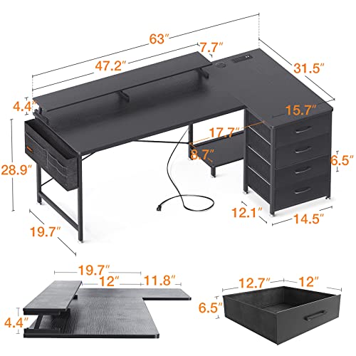 Odk 63 Inch L Shaped Computer Desk With Usb Charging Port & Power Outlet, Gaming Desk Corner Desk With 4 Tier Drawer & Monitor Shelf For Home Office Workstation, Modern Style Writing Table, Black #TOP2