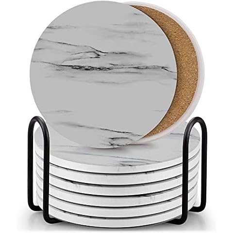 EAGMAK Set of 8 Coasters for Drinks, Absorbent Marble Style Ceramic Drink Coaster with Holder for Coffee Wooden Table Home Decor(Grey) Cover