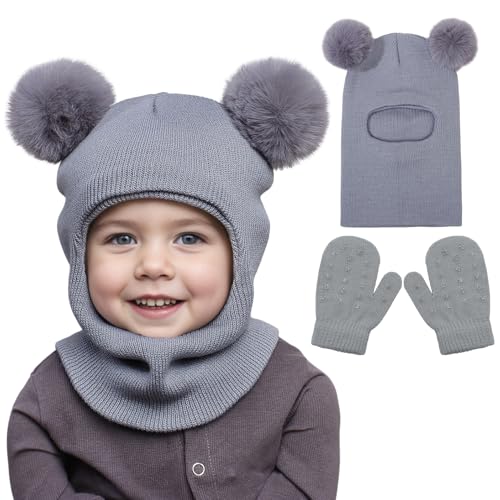 Toddler Baby Winter Hat Scarf Gloves Set Double Pompom Infant Boys Girls Beanie Hat with Warm Knitted Gloves 1-5 Years