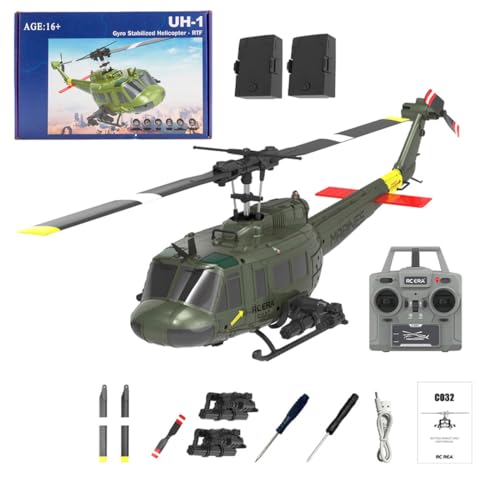 Wodoochey C032 UH-1 Huey RC Helicopter for Adults - 1/48 Scale 2.4G 6CH Flybarless Remote Control Helicopter Model, 3D Stunt Flight & High-Precision RC Airplane (Green (2 Batteries))