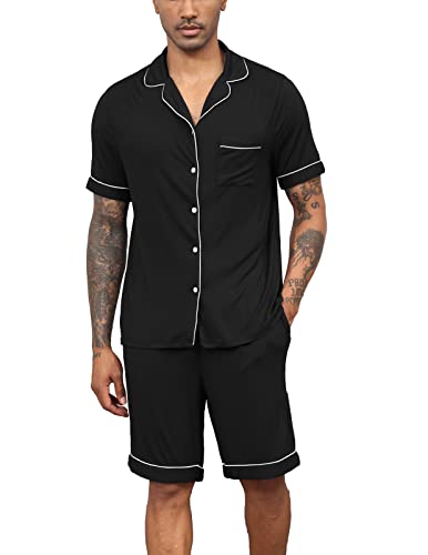 Image of Veseacky Men's Cotton Pajama Set Summer Lightweight Short Sleeve Button Down Soft Sleepwear for Men with Pockets Black L
