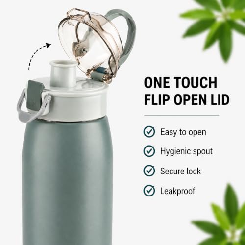 Image of CELLO Puro Steel-X Flint 900 Insulated Water Bottle 650 ml, Dark Grey | Easy Press Open Flip Top, Easy to Carry with Handle Leak Proof Inner Steel Water Bottle for School Kids, Office Gym Travel