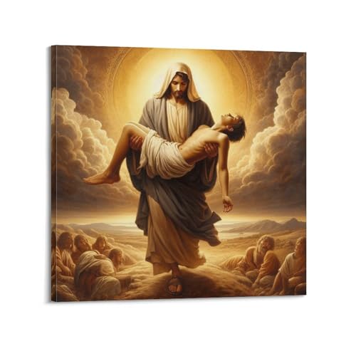 Décoration murale Jésus peinture sur toile chrétienne 50x50 cm cadre de chambre