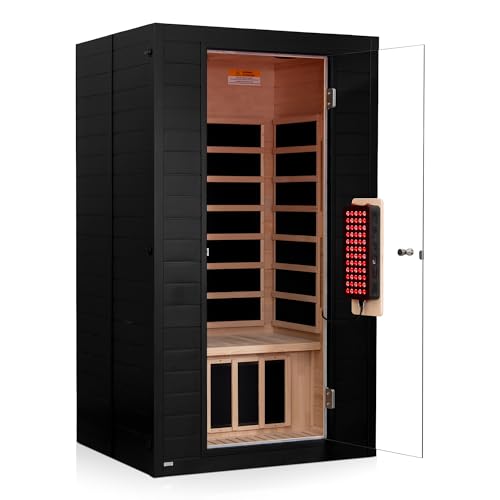 Far Infrared Sauna with Red Light Therapy for 1-2 Person, Indoor Home Sauna Canadian Hemlock Wood Dry Saunas Room with Bluetooth Speakers, 7 Color Chromotherapy Lamp, LCD Control Panel 1-2pe