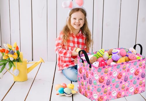 Image of Rectangle Gift Storage Basket Home Shelf Storage Basket Organizer Box Clothes Laundry Hamper Nursery Basket Laundry Basket with Handles (Pink egg)