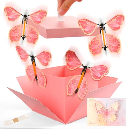 Fliegende Schmetterlinge Explosionbox DIY Überraschungsbox mit Grußkarte 15x14 8x12 5cm Surprise Box Perfekt für Geburtstag Valentinstag Weihnachten Muttertag Abschlussfeier (Rosa)