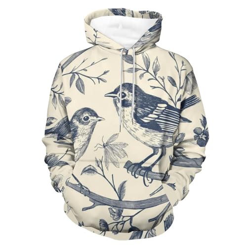 Hoodie manches longues fleur vintage et oiseau, sweatshirt aux finitions premium