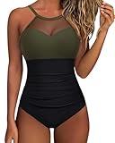 SUUKSESS Women Slimming Tummy Control One Piece Swimsuits Sexy Mesh High Neck Monokini Bathing Suits(Green Black,M)