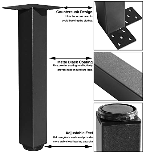 Topsair 16" Metal Furniture Legs With Adjustable Feet 6Cm Square Tube Furniture Legs Iron Desk Legs Coffee Table Legs Bench Legs, Diy Furniture Legs For Side Table, Nightstand, Chair #TOP3