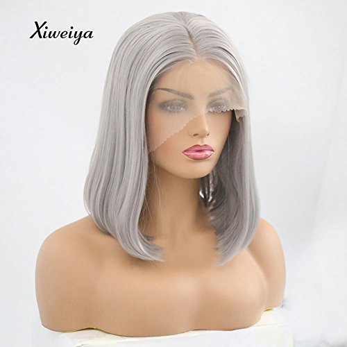 Xiweiya Silver Grey Short Straight Hair Synthetic Lace Wigs Short Bob Synthetic Lace Front Wigs For Women Platinum Blonde Heat Resistant Fiber Hair Middle Parting… - Image 2