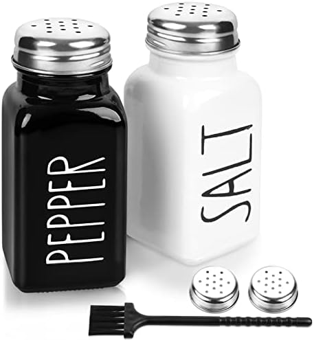 2 Pack Salt and Pepper Shakers Set, Glass Salt Shaker with Stainless Steel Lid, Modern and Cute Farmhouse Salt and Pepper Set (Black and White)