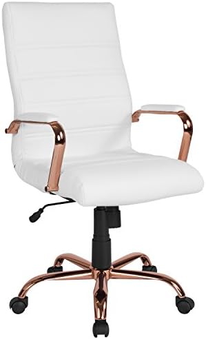 Flash Furniture Whitney High Back Desk Chair - White LeatherSoft Executive Swivel Office Chair with Rose Gold Frame - Swivel Arm Chair