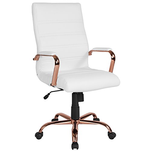 Flash Furniture High Back White LeatherSoft Executive Swivel Office Chair with Rose Gold Frame and Arms