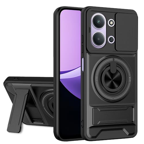 Image of AESTMO Redmi 15C 5G Back Cover | Armor Camera Slider 360 Degree Rotating Finger Ring Holder Case with Bracket Stand Back Case Cover (Compatible with MagSafe Accessories) (Black)