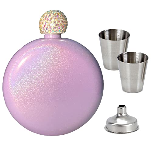 Flask for Liquor for Women Set of 4, PIVHWIR 304 Stainless Steel Pretty Glitter Coating AB Crystal Lid Whiskey Flask, Booze Shot Flasks for Drink Bar BBQ Travel Party (5OZ,Purple)