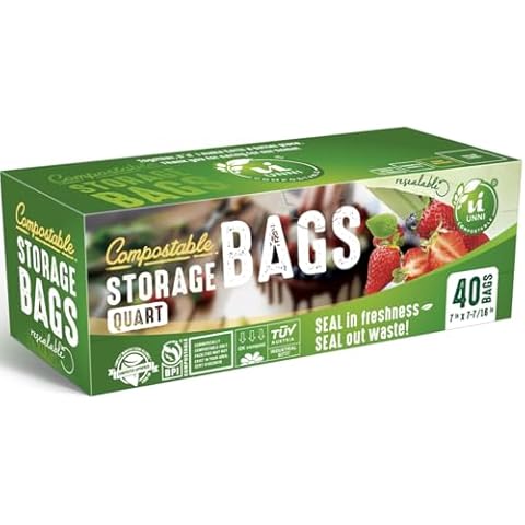 UNNI 100% Compostable Bags, 40 Count, 1 Quart Capacity, Plant-Based Material, Biodegradable, Reusable, Earth-Friendly Cover