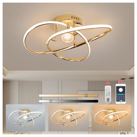 Lâmpada de teto LED moderna, luminária de lustre com controle remoto e escurecimento Lâmpada suspensa moderna Lâmpadas de teto modernas para sala de jantar, quarto, cozinha D54cm 32W (Ouro)