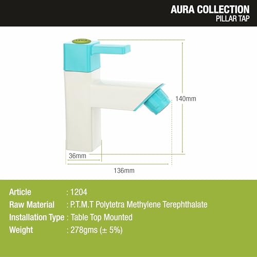 Image of LIPKA Aura Pillar Tap Faucet | PTMT Water Tap | White /Aqua Blue Color | Plastic | Polished