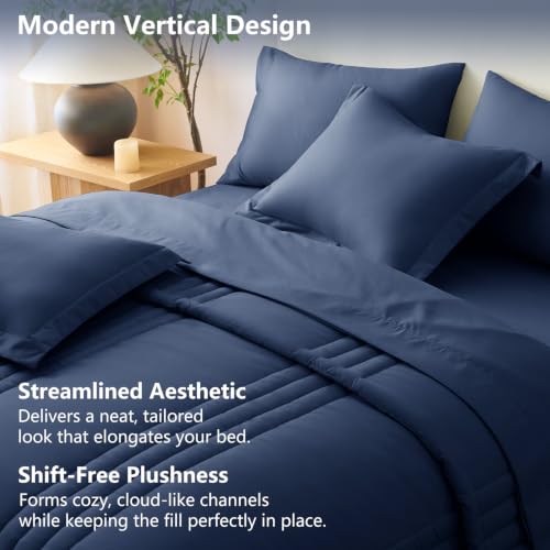 Image of CozyLux Queen Comforter Set Navy Blue - 7 Pieces Bed in a Bag, Modern Vertical Quilted Room Decor, Soft All-Season Bedding Gift with Comforter, Sheets, Pillowcases & Shams