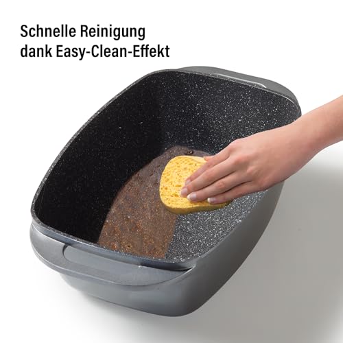 Foto von STONELINE Aluguss Bräter mit Deckel 43x26 cm, 8,4 L Bräter Induktion Backofengeeignet Für alle Herdarten, Deckel als Auflaufform verwendbar, Topf Antihaft Beschichtet mit echten Steinpartikeln, Grau